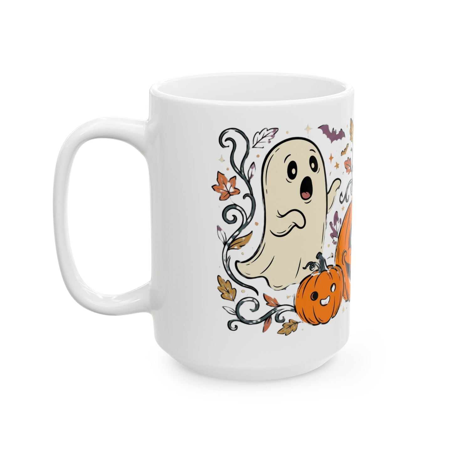 Halloween Pumpkin & Ghost Ceramic Mug — Cute Spooky Fall Coffee Cup (11oz/15oz)