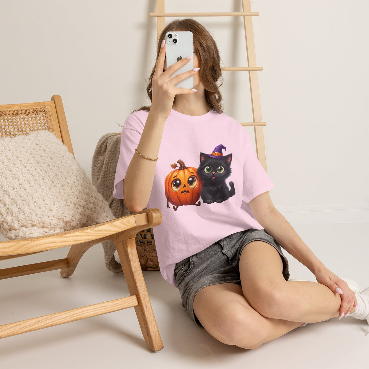 Halloween Black Cat & Pumpkin T‑Shirt — Cute Witch Hat Kitty Fall Tee