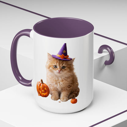Halloween Cat Coffee Mug with Witch Hat and Pumpkin