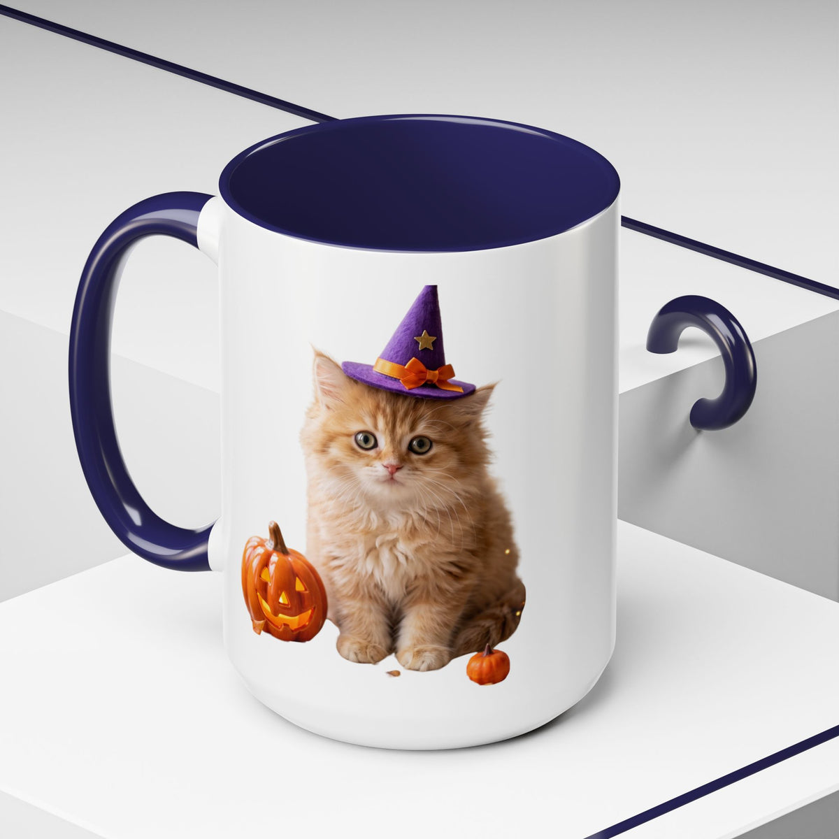 Halloween Cat Coffee Mug with Witch Hat and Pumpkin