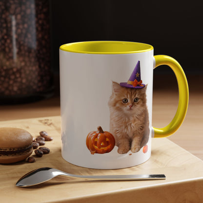 Halloween Cat Coffee Mug with Witch Hat and Pumpkin