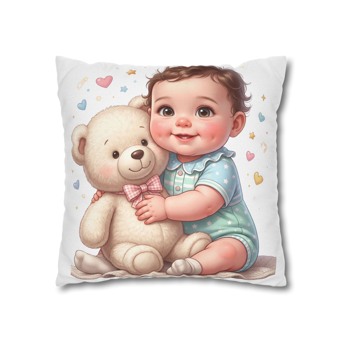 Baby & Teddy Square Pillowcase - Cute Infant Nursery Decorative Throw Pillow
