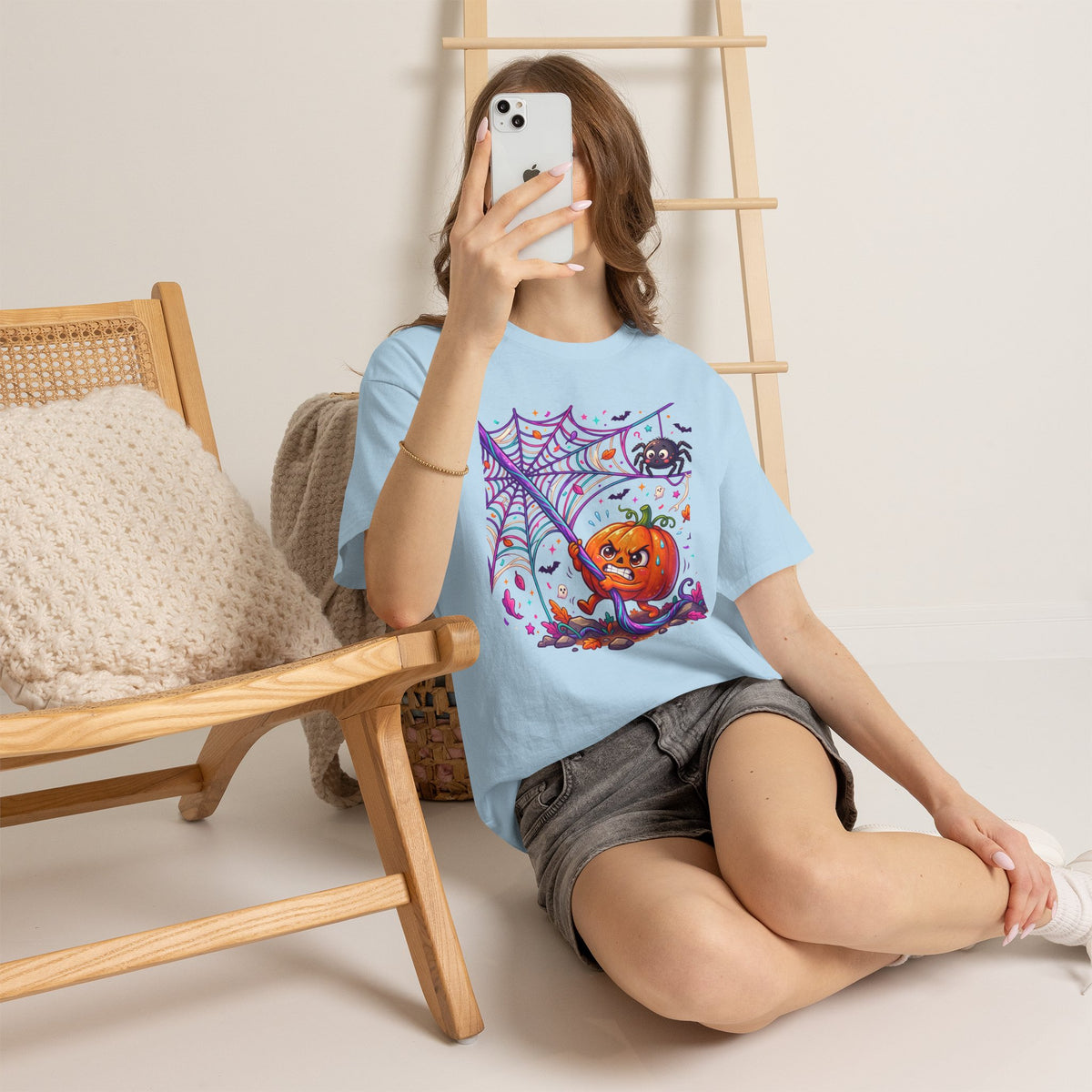 Pumpkin Spider Web Halloween T‑Shirt — Cute Spooky Pumpkin Cartoon Tee