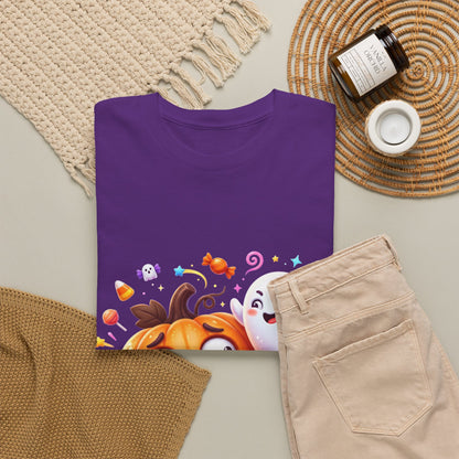 Cute Halloween Pumpkin & Ghost Tee — Scared Pumpkin Candy Graphic T-Shirt
