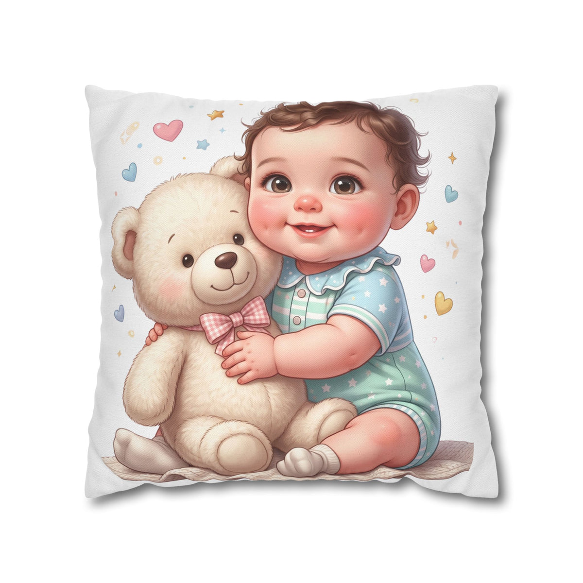 Baby & Teddy Square Pillowcase - Cute Infant Nursery Decorative Throw Pillow