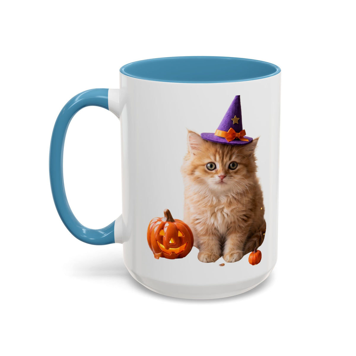 Halloween Cat Coffee Mug with Witch Hat and Pumpkin