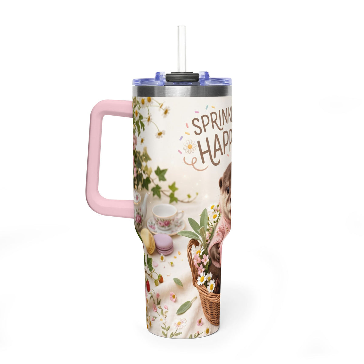 40oz Tumbler – “Sprinkled with Happiness” Puppy Floral Drink Cup