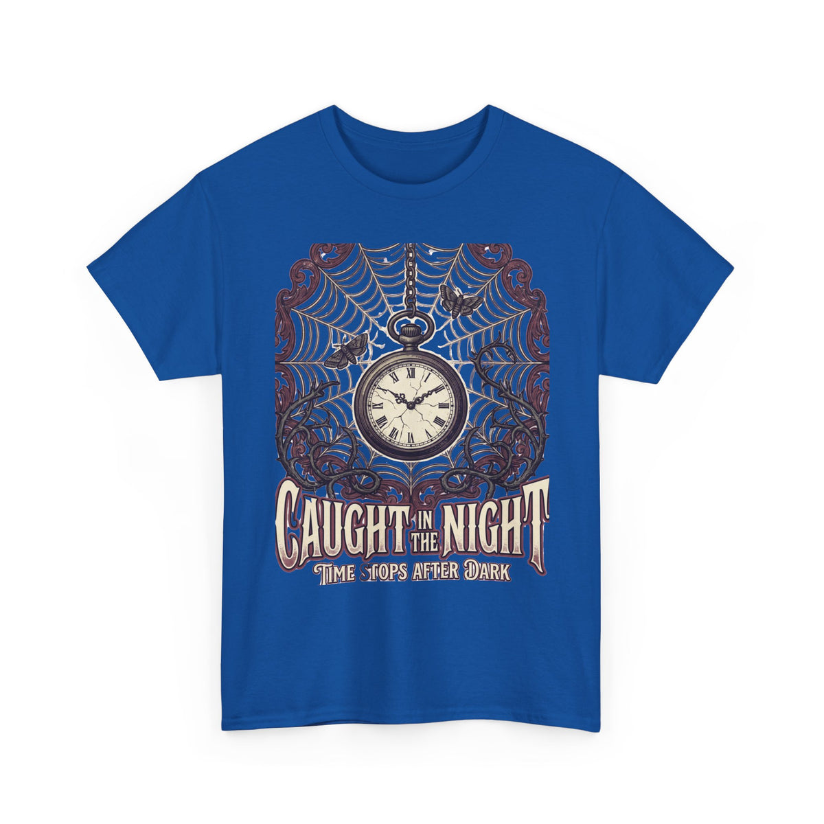 Caught in the Night Pocket Watch Tee — Gothic Spiderweb Vintage Clock T‑Shirt
