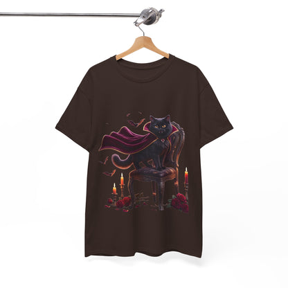 Vampire Cat Tee — Gothic Black Cat with Cape & Candles T-Shirt