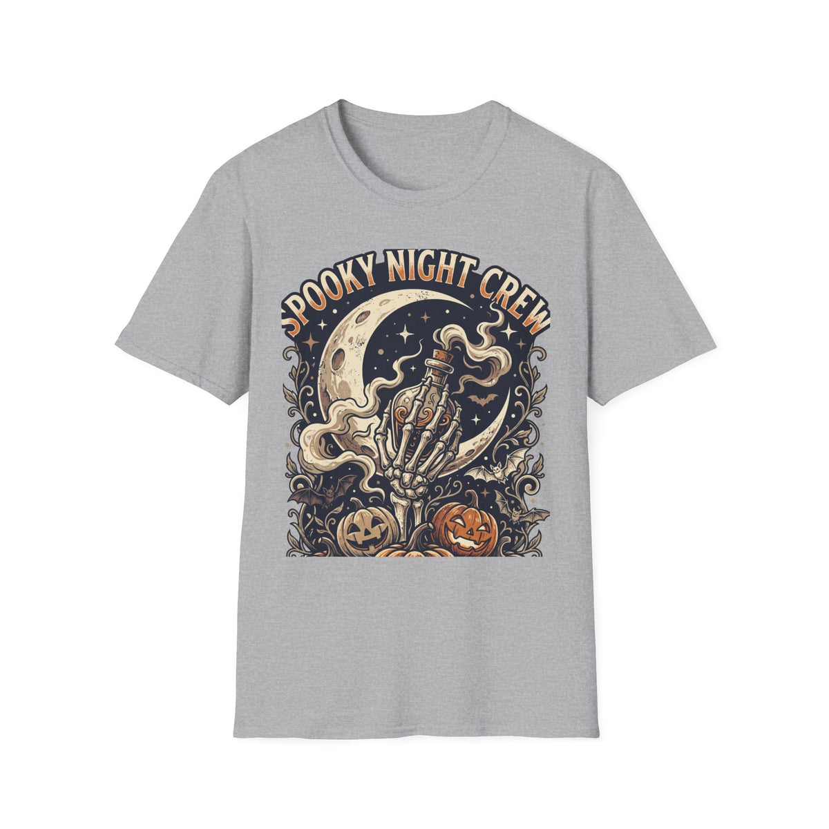 Spooky Night Crew T-Shirt — Vintage Halloween Moon & Skeleton Graphic