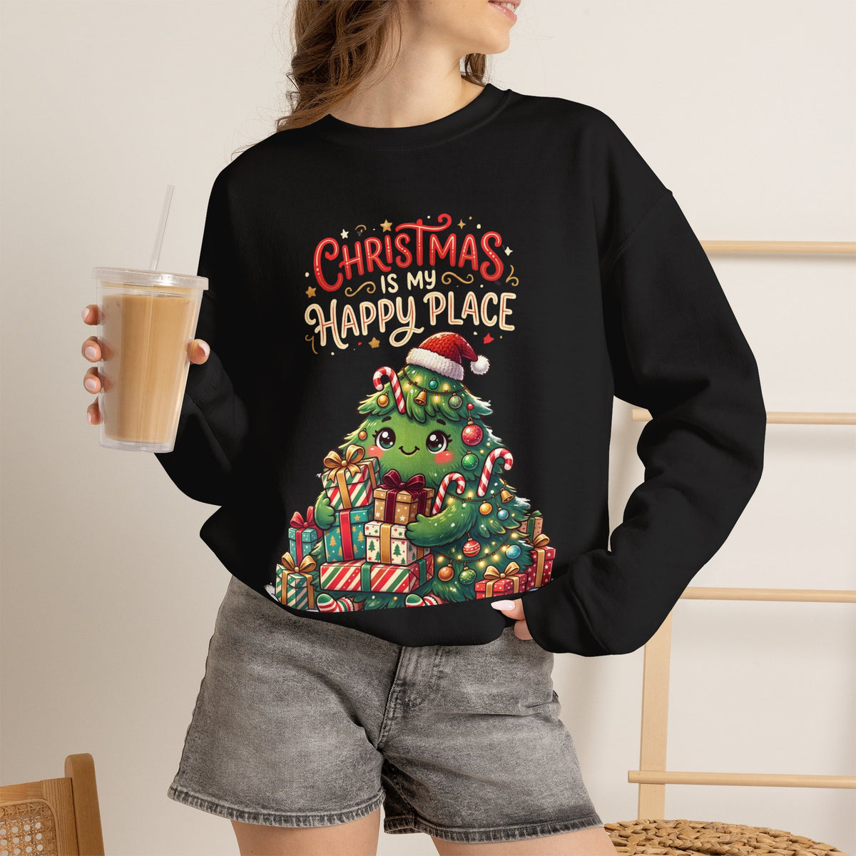 Christmas Happy Place Crewneck Sweatshirt — Cute Kawaii Tree & Gifts Holiday Sweatshirt