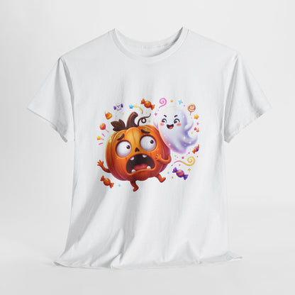 Cute Halloween Pumpkin & Ghost Tee — Scared Pumpkin Candy Graphic T-Shirt