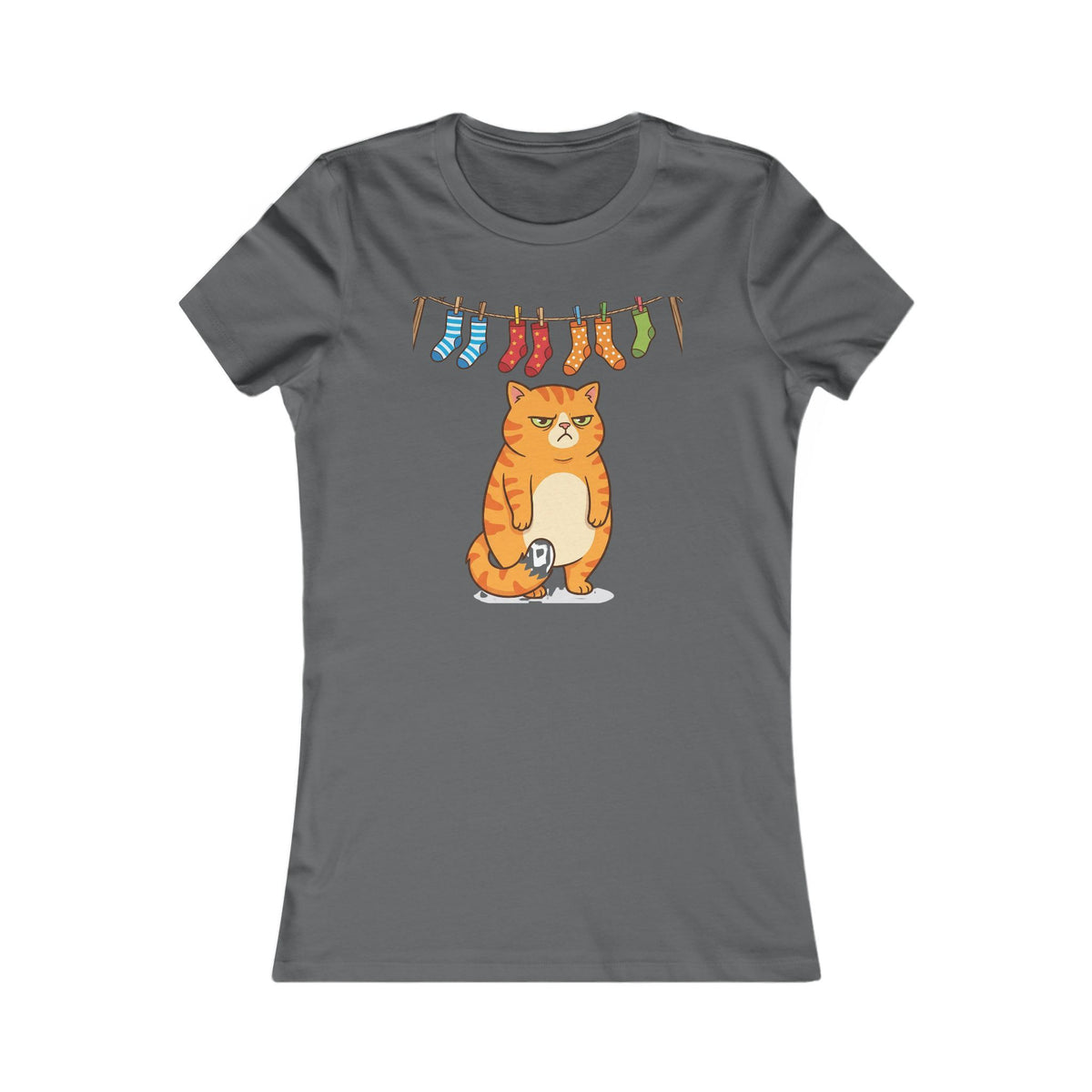 Women's Tee — Cute Grumpy Orange Cat with Hanging Socks Graphic
