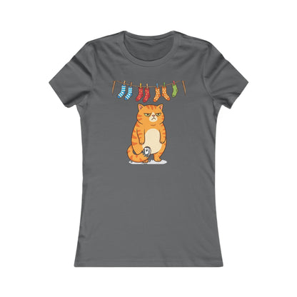 Women's Tee — Cute Grumpy Orange Cat with Hanging Socks Graphic
