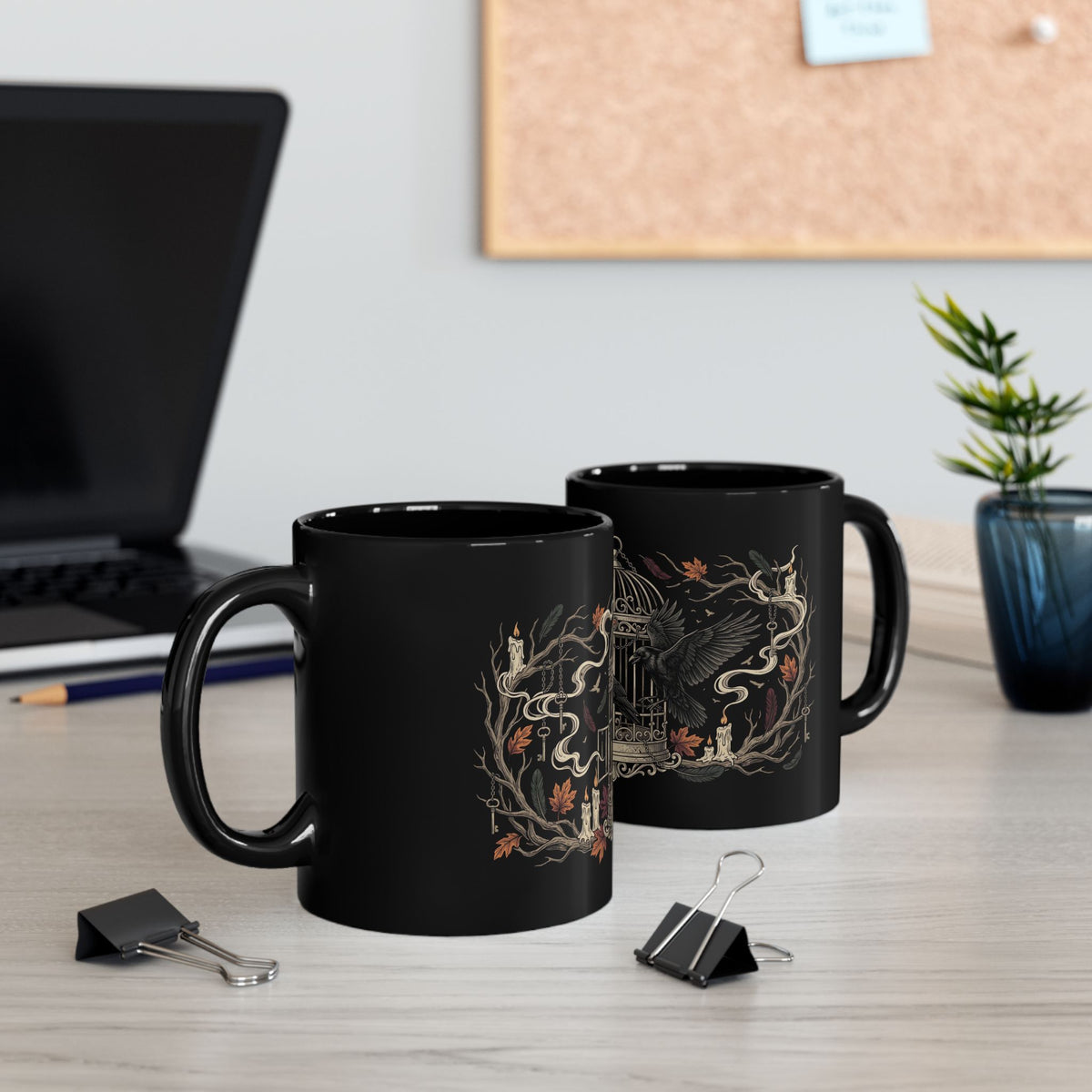 Gothic Raven & Cage Black Coffee Mug — Dark Nature 11oz/15oz