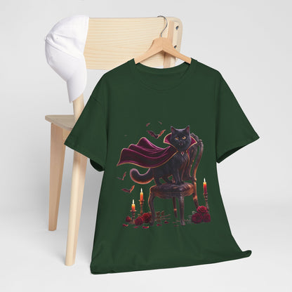 Vampire Cat Tee — Gothic Black Cat with Cape & Candles T-Shirt