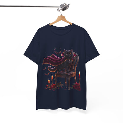 Vampire Cat Tee — Gothic Black Cat with Cape & Candles T-Shirt