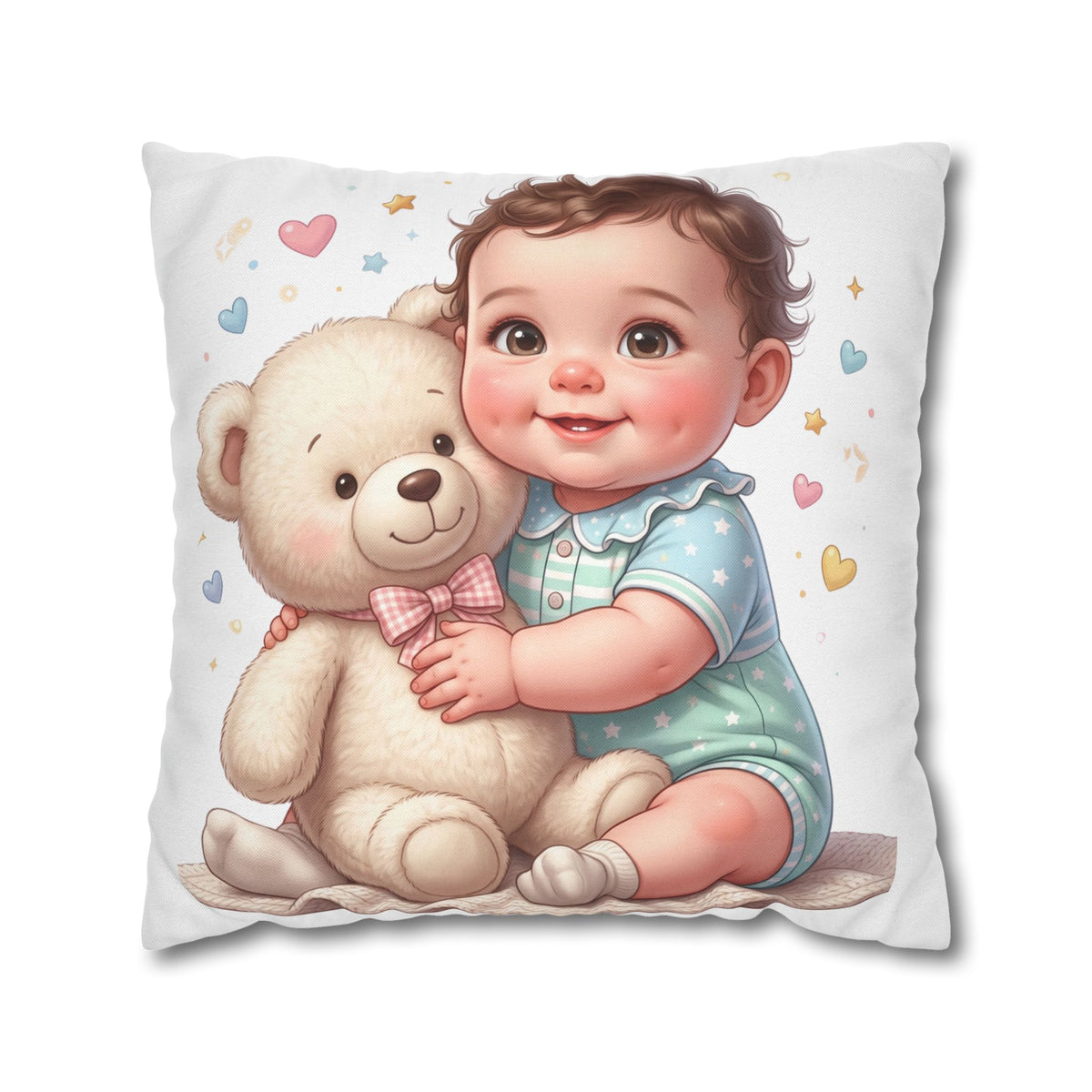 Baby & Teddy Square Pillowcase - Cute Infant Nursery Decorative Throw Pillow