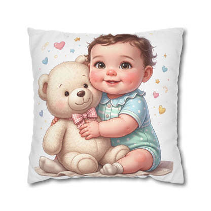 Baby & Teddy Square Pillowcase - Cute Infant Nursery Decorative Throw Pillow