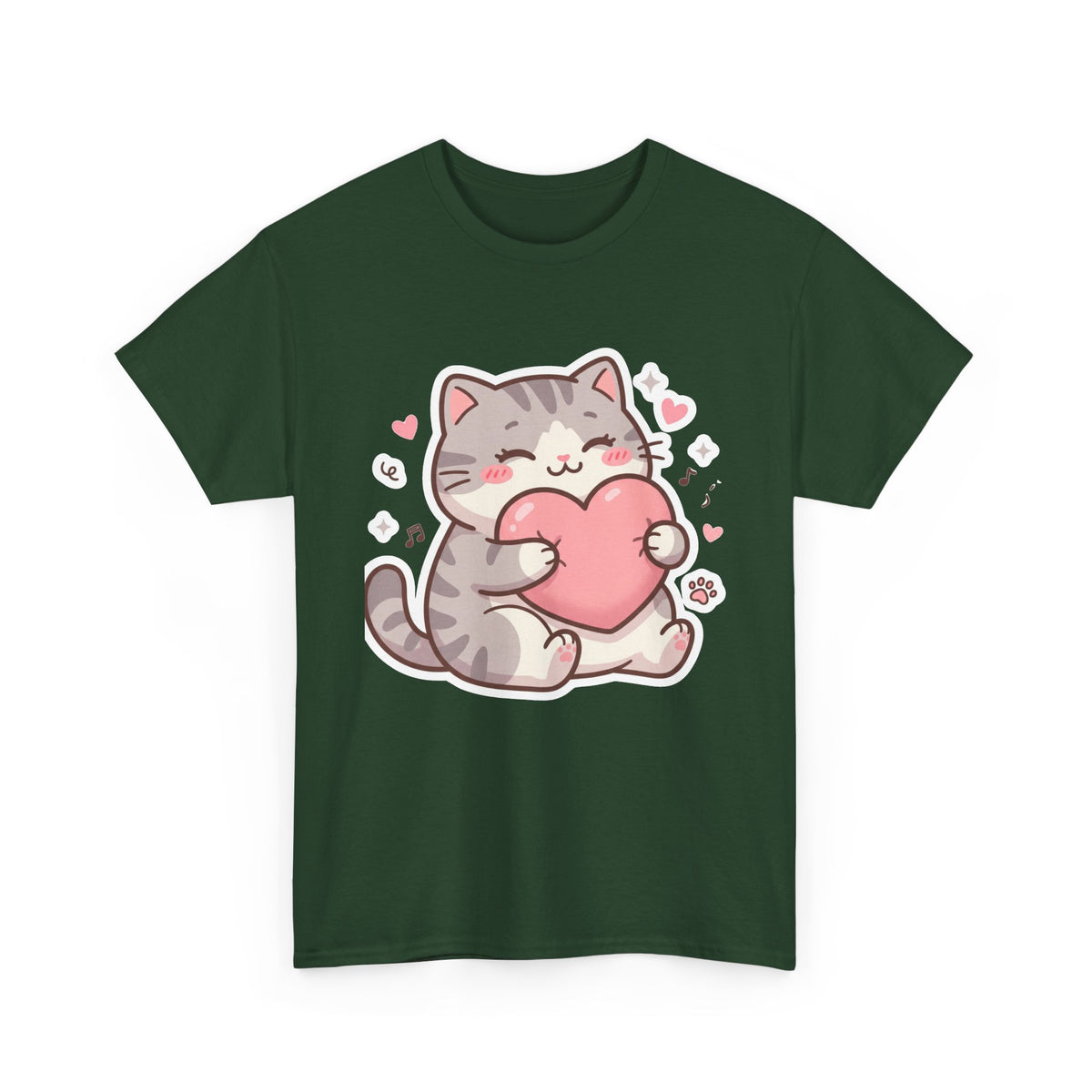 Cute Cat Hugging Heart T-Shirt — Kawaii Valentine Kitty Tee