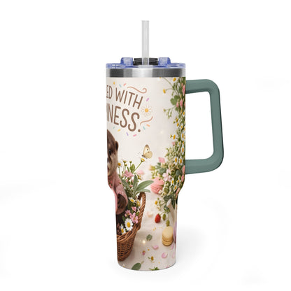 40oz Tumbler – “Sprinkled with Happiness” Puppy Floral Drink Cup