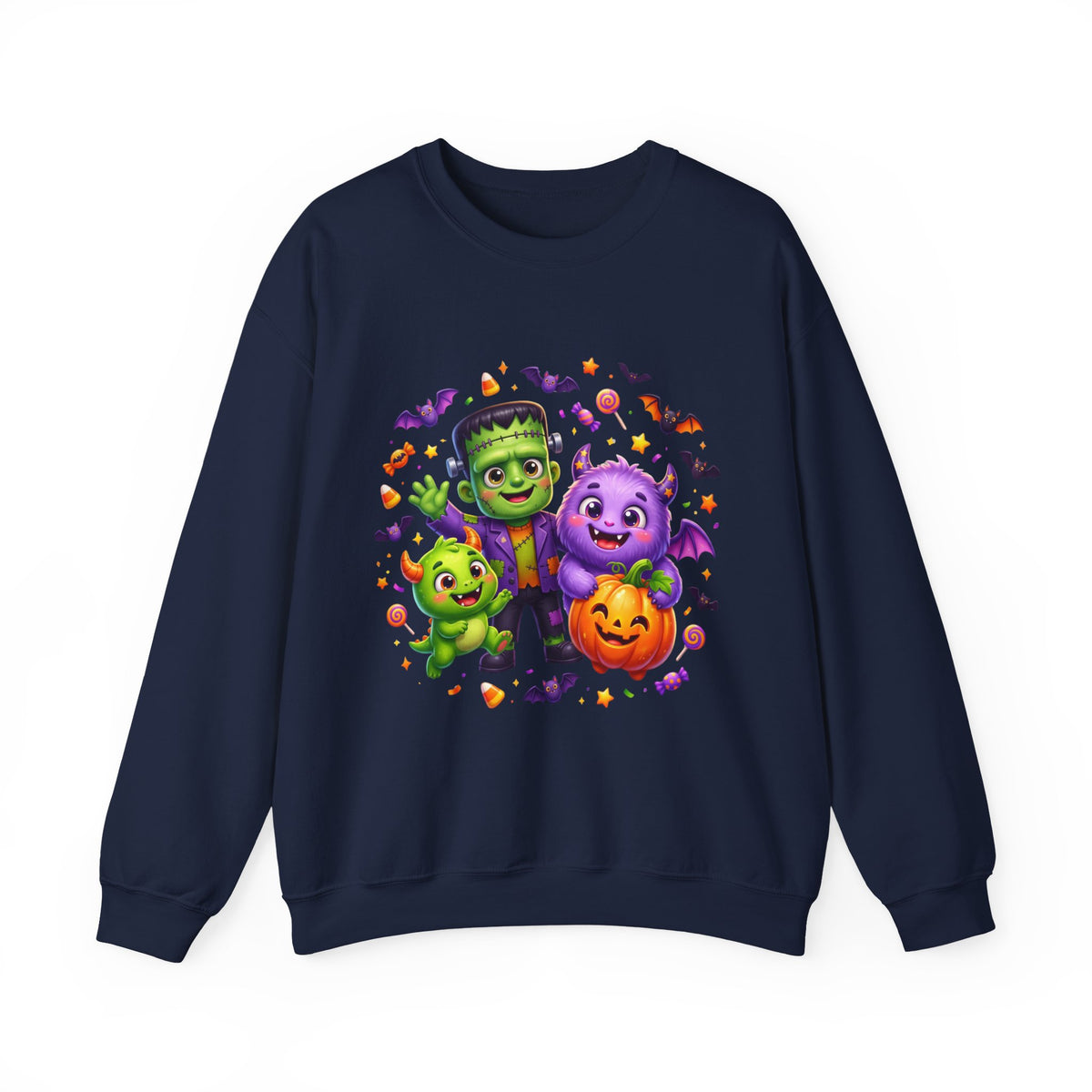 Halloween Monster Crewneck Sweatshirt — Cute Frankenstein, Vampire & Pumpkin Design