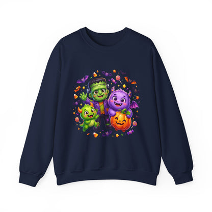 Halloween Monster Crewneck Sweatshirt — Cute Frankenstein, Vampire & Pumpkin Design