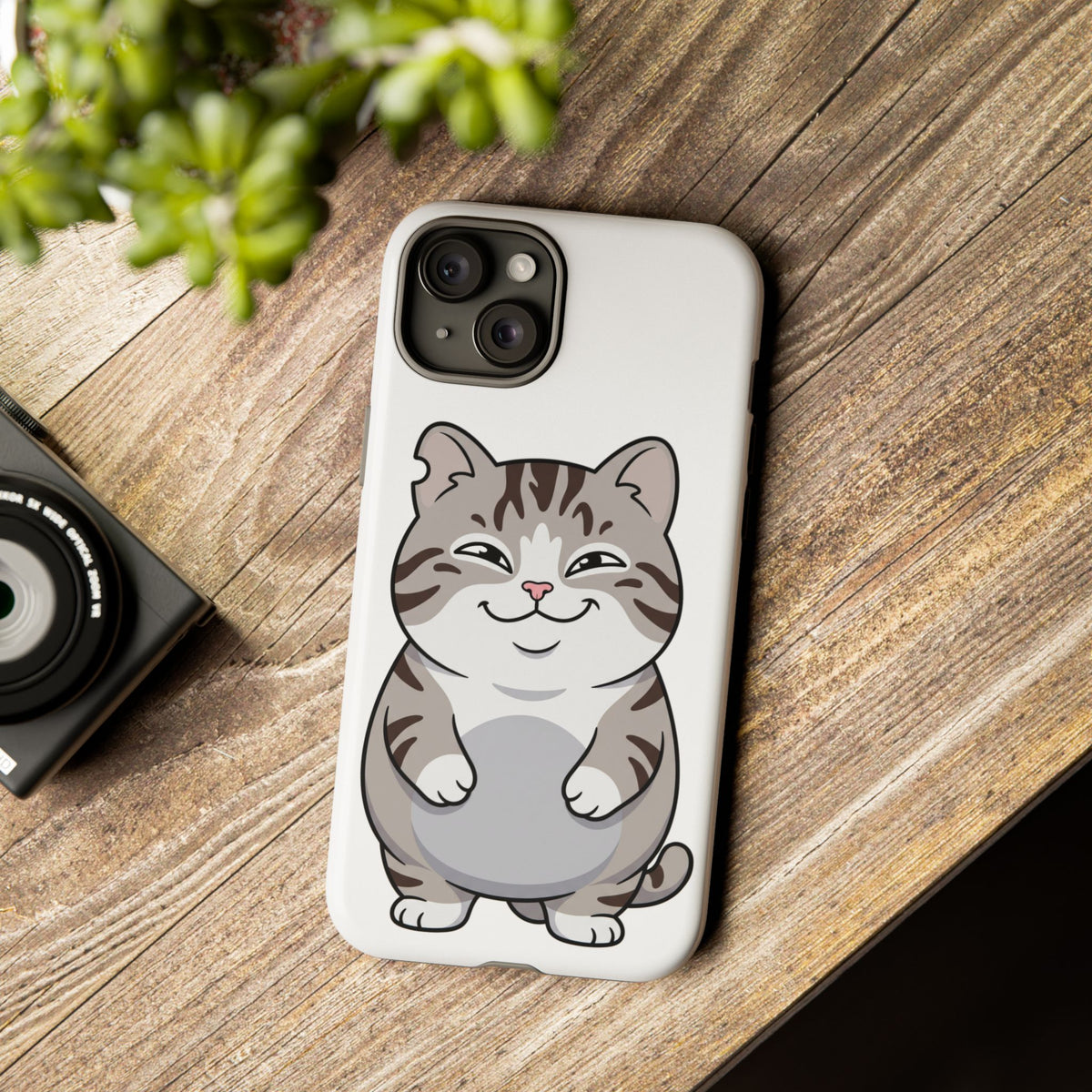 Cute Chubby Cat Phone Case — Protective Tough Case with Smiling Tabby Design
