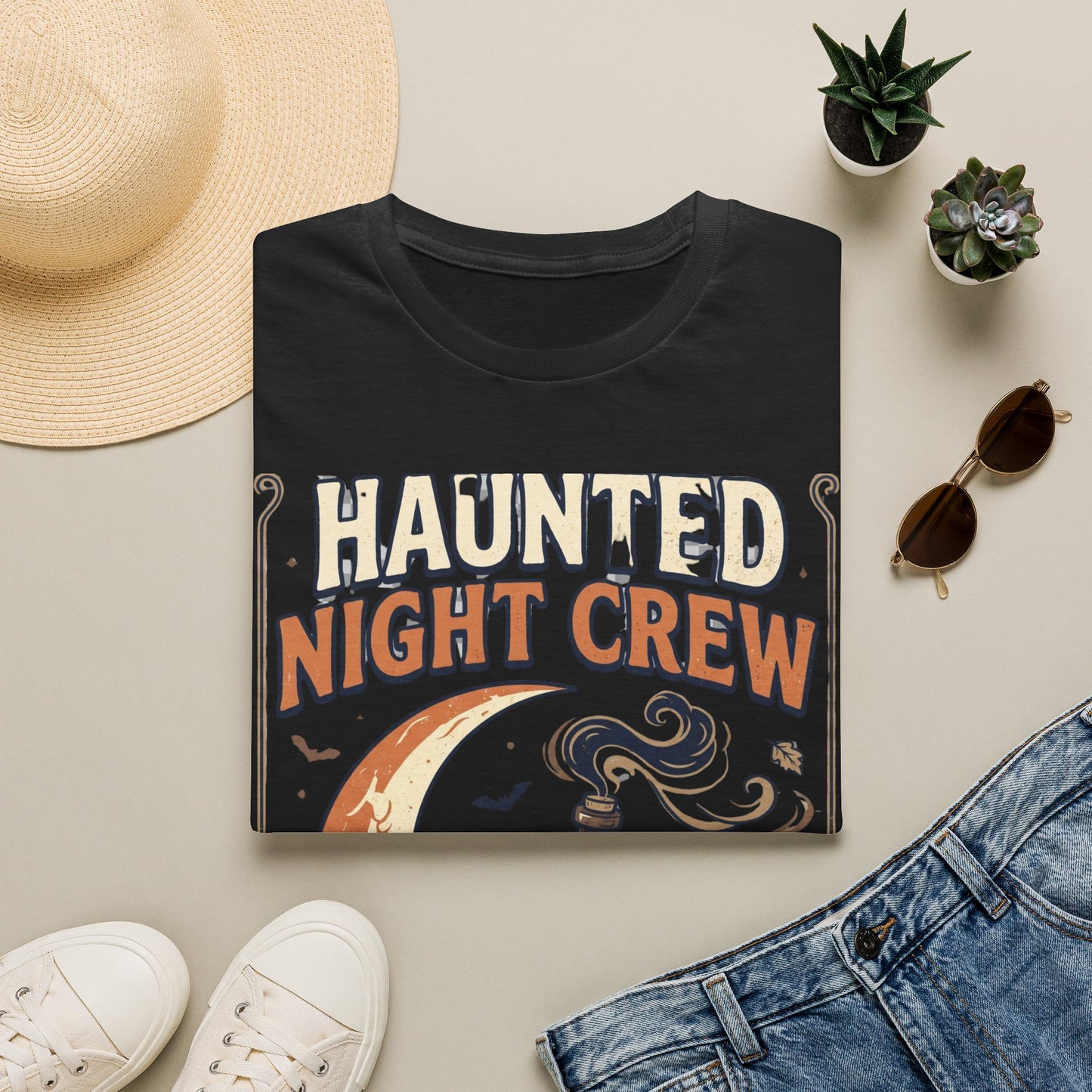 Haunted Night Crew T-Shirt — Retro Halloween Skeleton & Pumpkin Tee