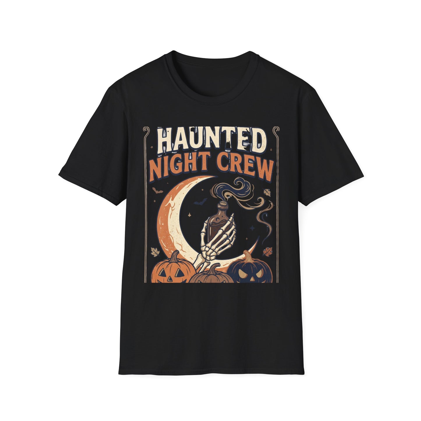 Haunted Night Crew T-Shirt — Retro Halloween Skeleton & Pumpkin Tee