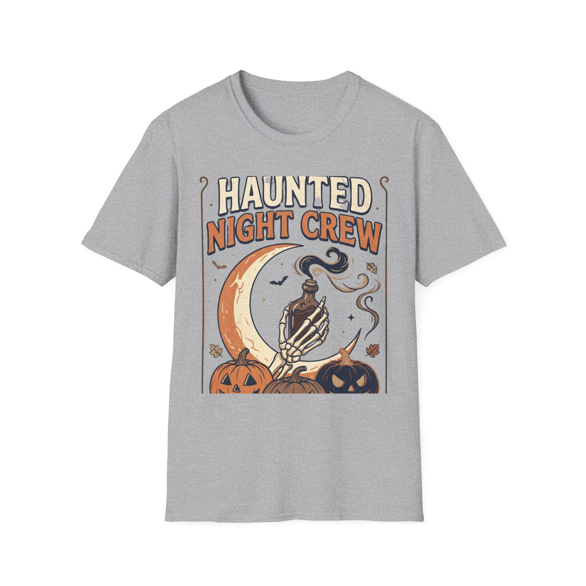 Haunted Night Crew T-Shirt — Retro Halloween Skeleton & Pumpkin Tee
