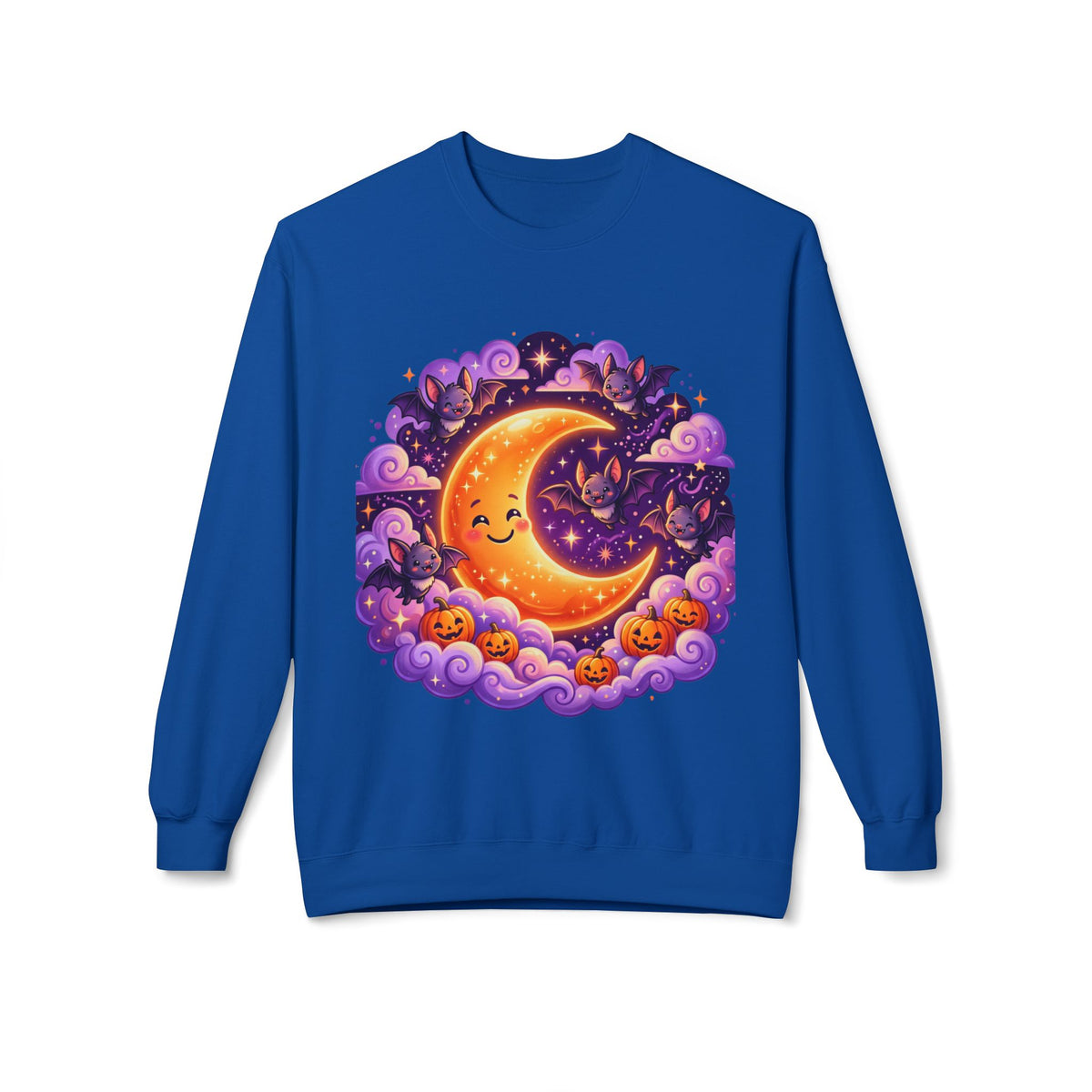 Halloween Moon Crewneck Sweatshirt — Cute Smiling Moon, Pumpkins & Bats Pullover
