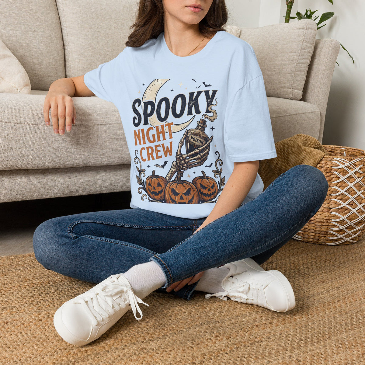 Spooky Night Crew T-Shirt — Halloween Moon, Skeleton & Pumpkins Tee