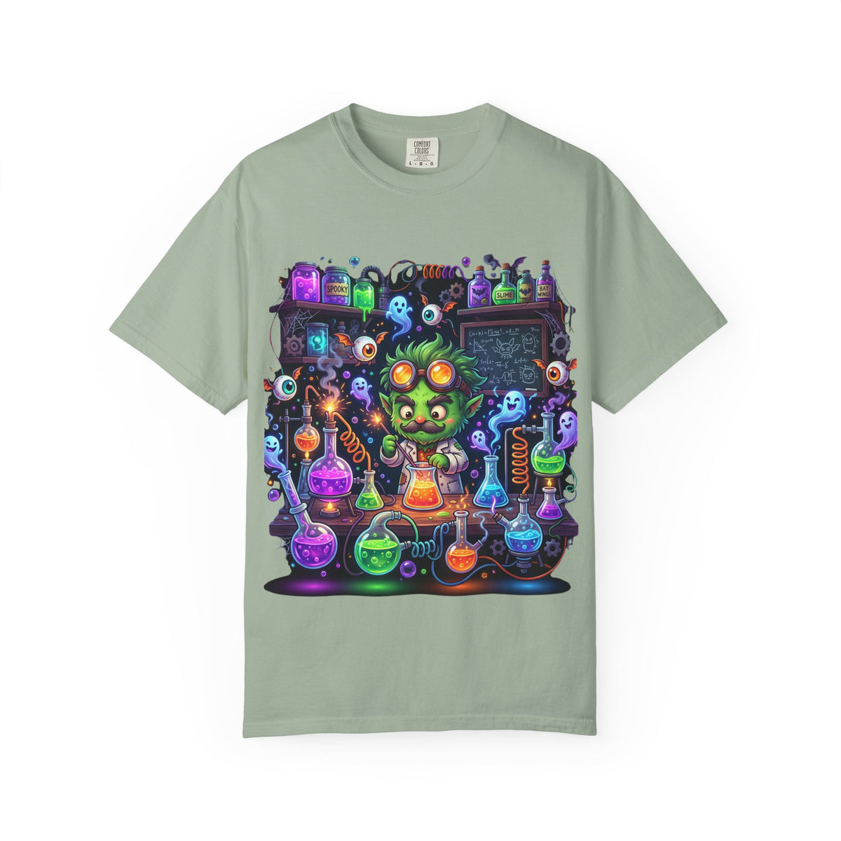 Mad Scientist Cat Lab T-Shirt — Neon Potion Halloween Tee