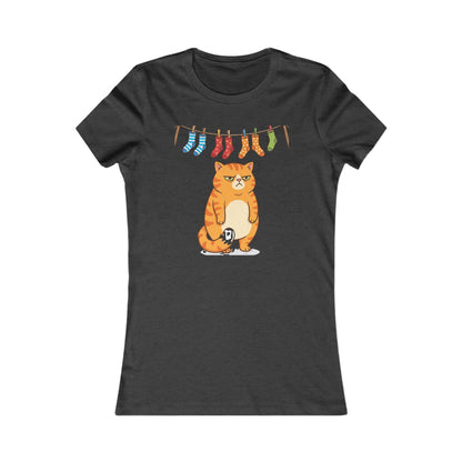 Women's Tee — Cute Grumpy Orange Cat with Hanging Socks Graphic