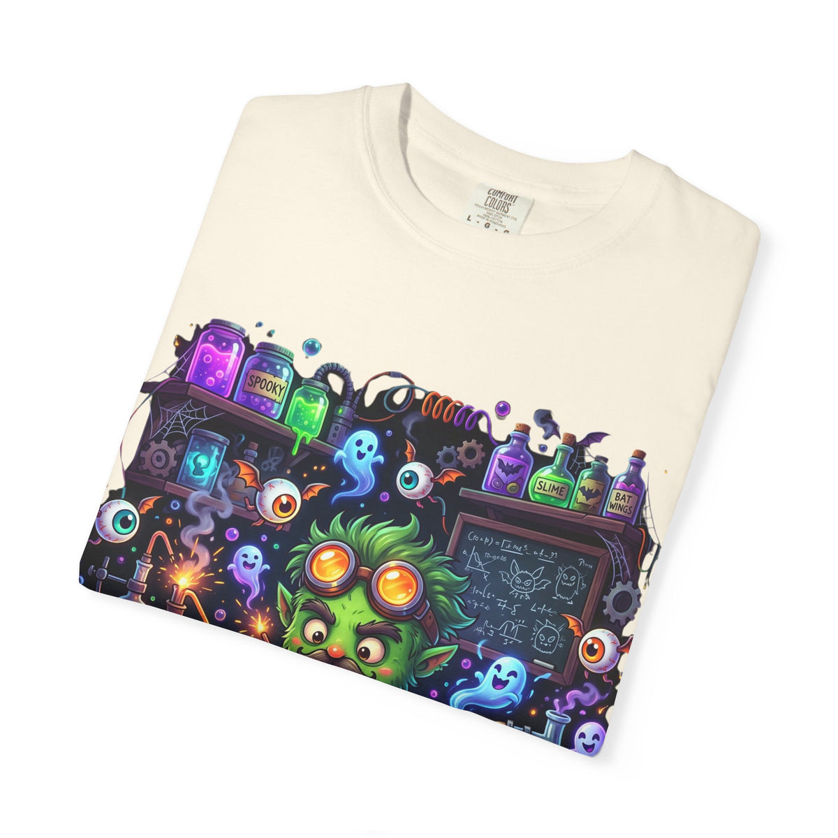 Mad Scientist Cat Lab T-Shirt — Neon Potion Halloween Tee