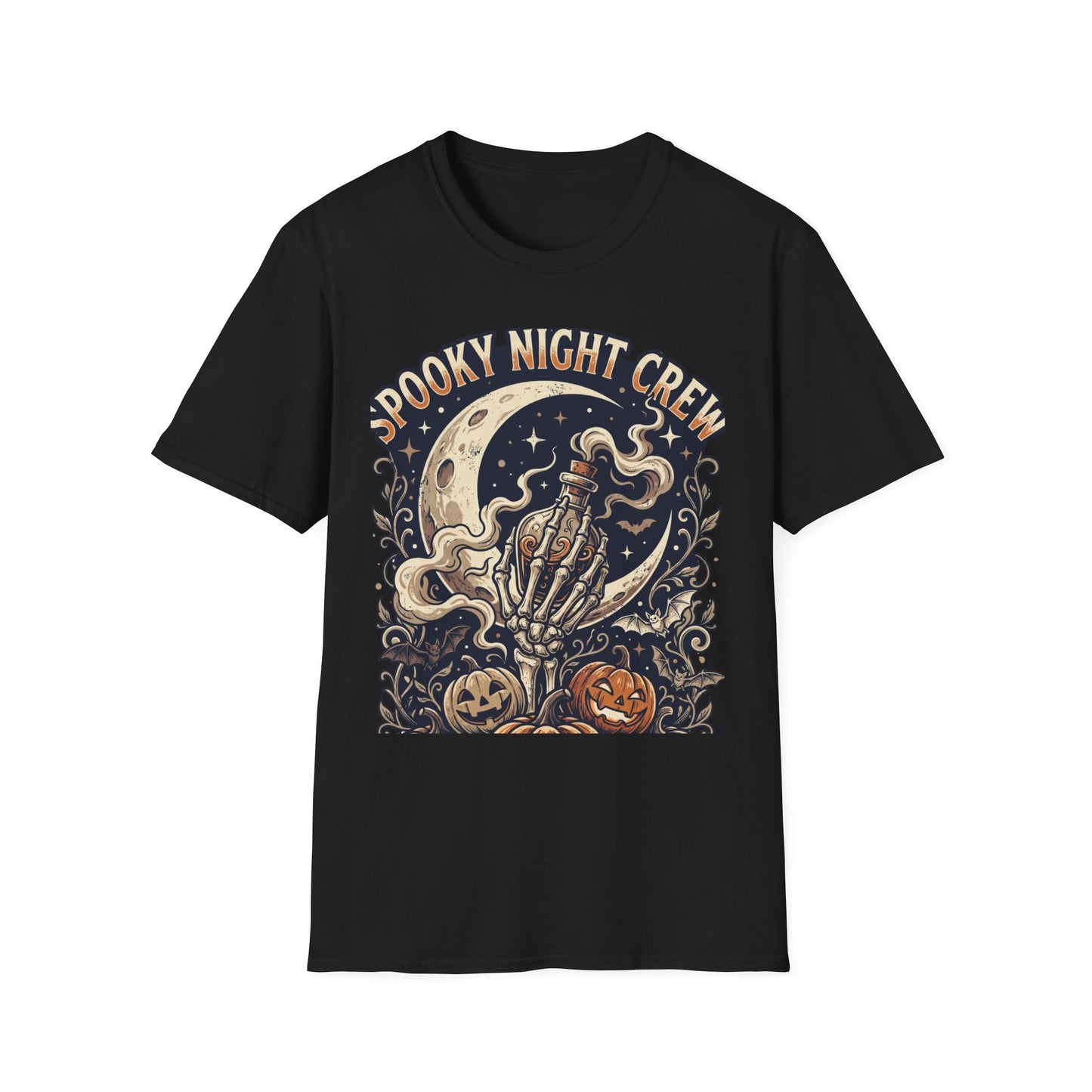 Spooky Night Crew T-Shirt — Vintage Halloween Moon & Skeleton Graphic