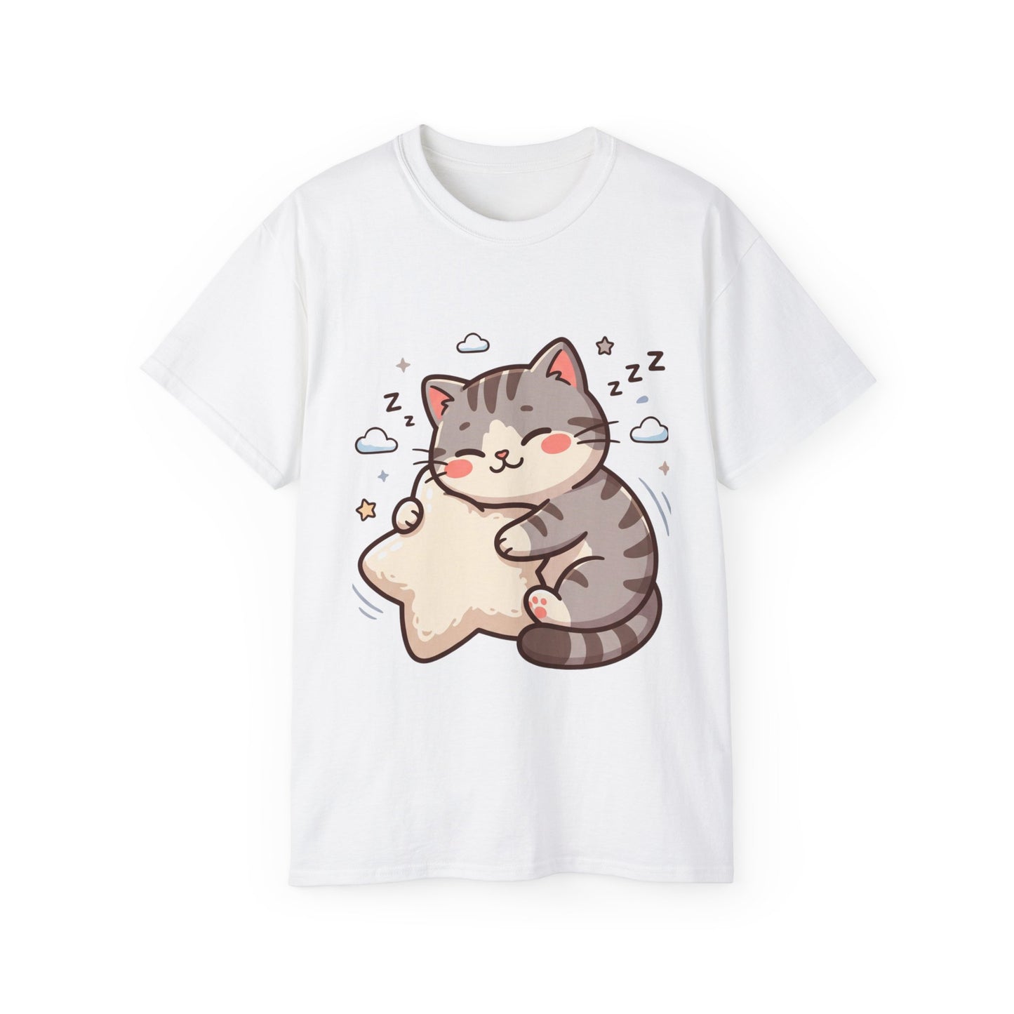 Cute Sleeping Cat Tee – Kawaii Cat Hugging Star Graphic Shirt