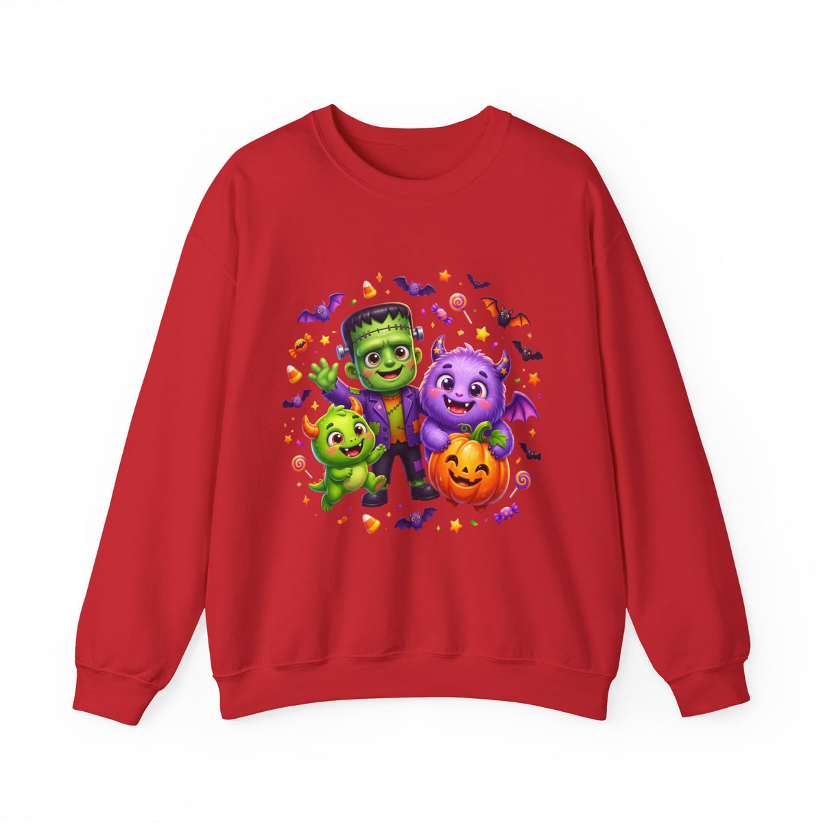 Halloween Monster Crewneck Sweatshirt — Cute Frankenstein, Vampire & Pumpkin Design