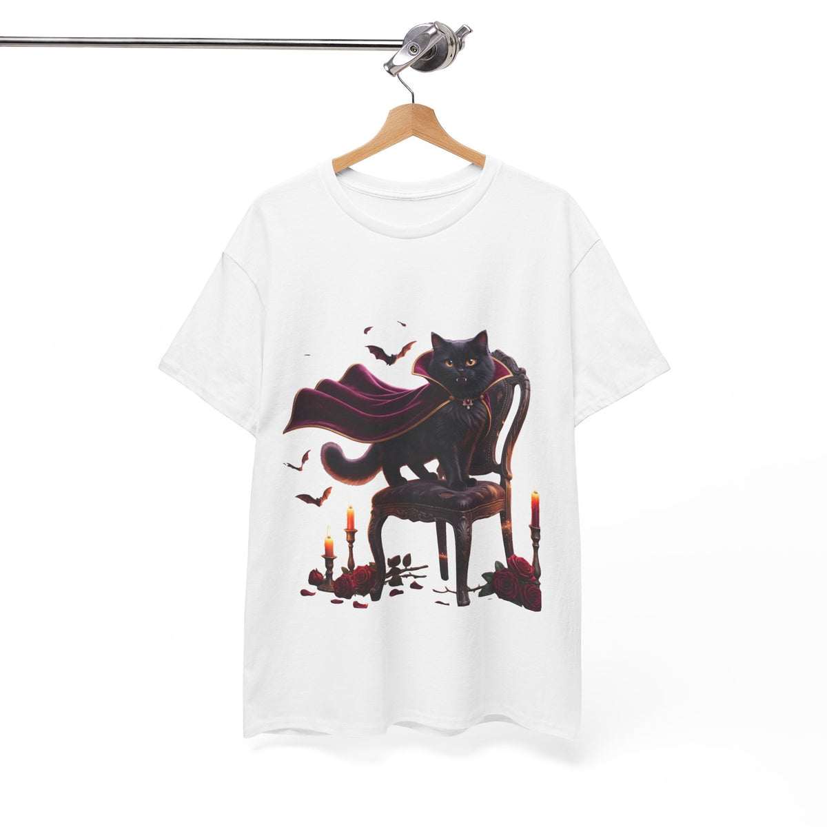 Vampire Cat Tee — Gothic Black Cat with Cape & Candles T-Shirt