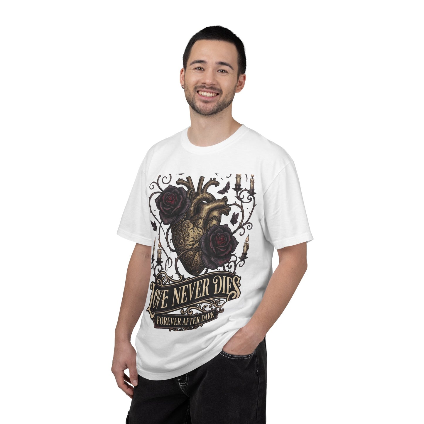 Love Never Dies Heart T-Shirt — Gothic Rose "Forever After Dark" Tee