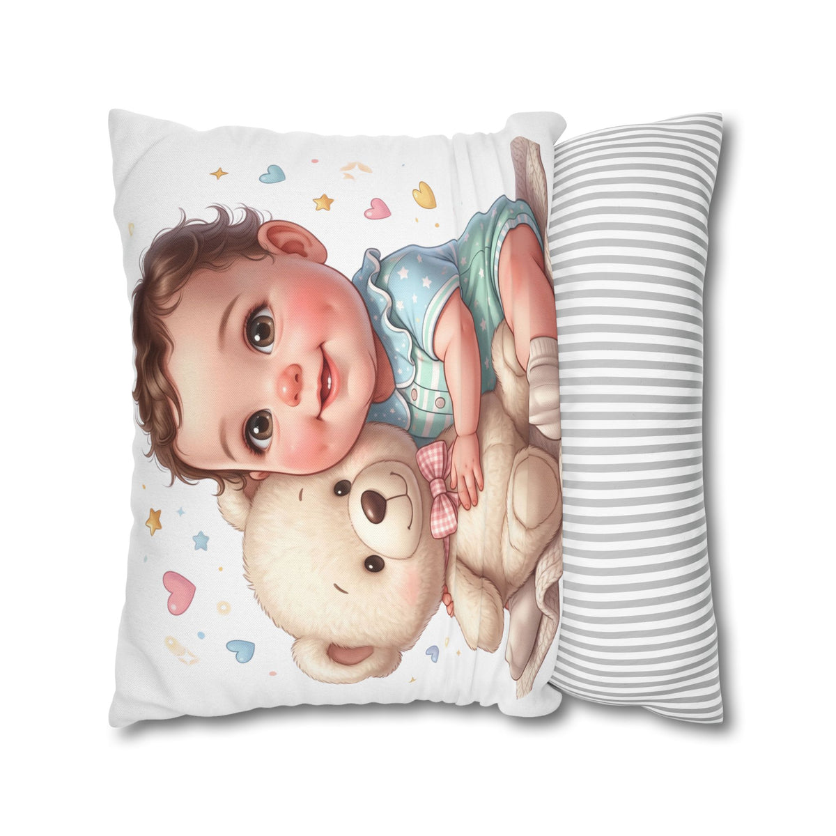 Baby & Teddy Square Pillowcase - Cute Infant Nursery Decorative Throw Pillow
