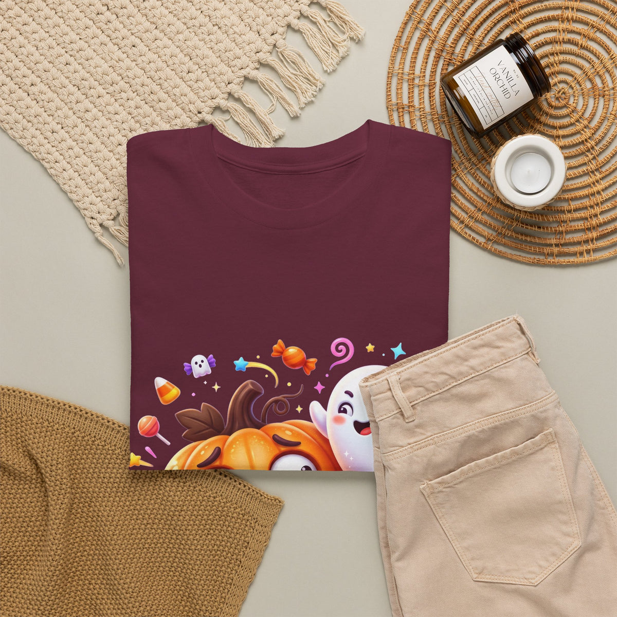 Cute Halloween Pumpkin & Ghost Tee — Scared Pumpkin Candy Graphic T-Shirt