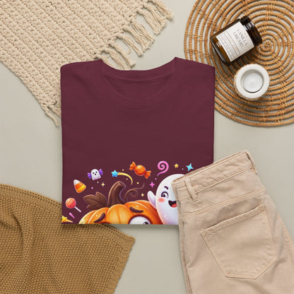 Cute Halloween Pumpkin & Ghost Tee — Scared Pumpkin Candy Graphic T-Shirt