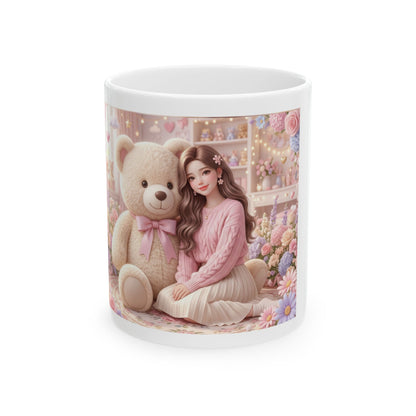 Cute Girl & Teddy Bear Floral Ceramic Mug (11oz, 15oz)