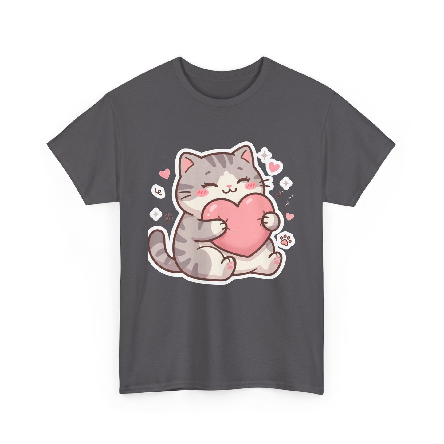Cute Cat Hugging Heart T-Shirt — Kawaii Valentine Kitty Tee