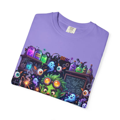 Mad Scientist Cat Lab T-Shirt — Neon Potion Halloween Tee
