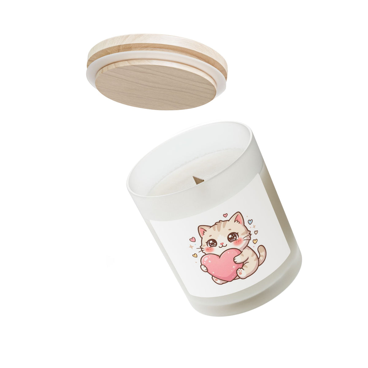 Cute Cat Holding Heart Frosted Glass Candle — 11oz Valentine Gift