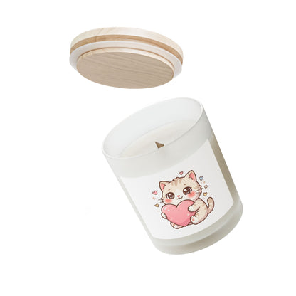 Cute Cat Holding Heart Frosted Glass Candle — 11oz Valentine Gift
