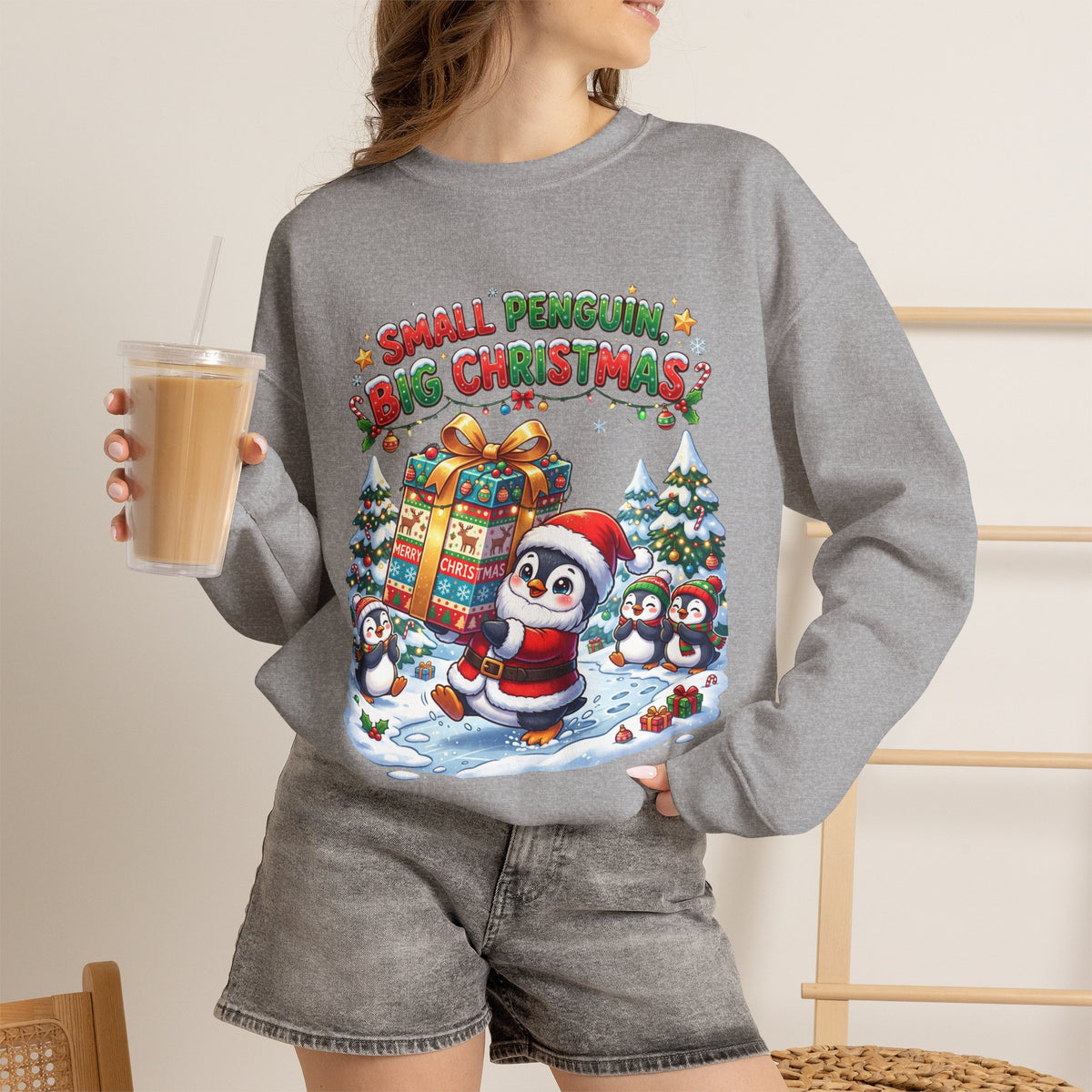 Penguin Christmas Crewneck Sweatshirt — "Small Penguin Big Christmas" Holiday Pullover